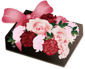  母の日のカーネーションとバラのプレゼントボックスにピンクのリボンのイラストカットイラスト素材