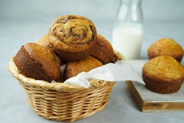 Homemade breakfast  Banana Muffins served with glass of milk