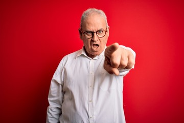 Middle age handsome hoary man wearing casual shirt and glasses over red background pointing displeased and frustrated to the camera, angry and furious with you