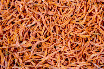 dried carrot slices. vegetables and vitamins. healthy food. food background and texture.