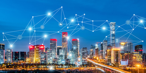Beijing, China CBD skyline and urban interconnected big data concept