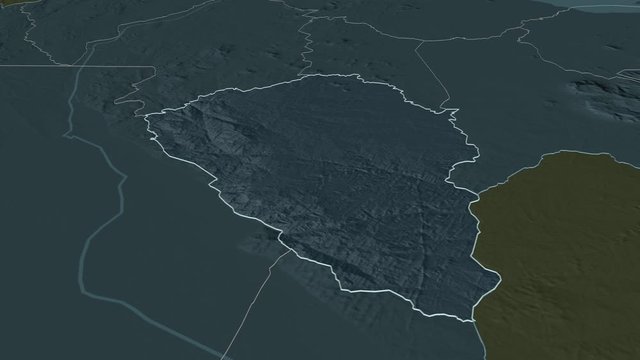 Thyolo, district with its capital, zoomed and extruded on the administrative map of Malawi in the conformal Stereographic projection. Animation 3D