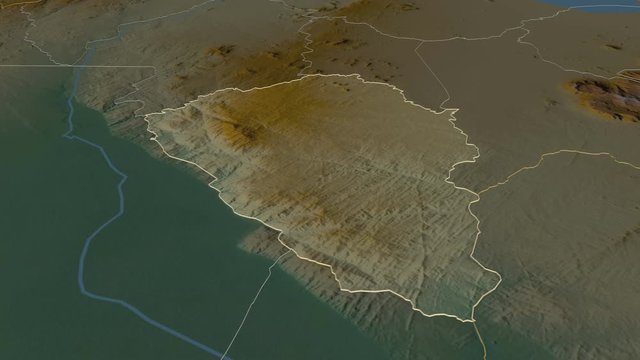 Thyolo, district with its capital, zoomed and extruded on the relief map of Malawi in the conformal Stereographic projection. Animation 3D