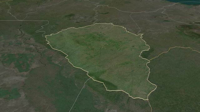 Thyolo, district with its capital, zoomed and extruded on the satellite map of Malawi in the conformal Stereographic projection. Animation 3D