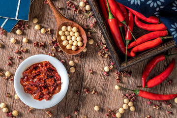 A plate of Pixian bean paste and chili, pepper, soybean