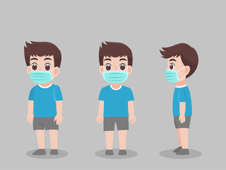 Set of Character Children Boy wearing protective Medical mask for prevent virus Wuhan Covid-19.Corona virus, people wearing a surgical mask. Health care concept.