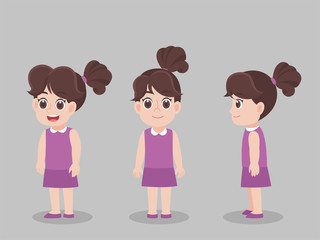 Set of Character Children Girl cartoon concept character pose front side turn around for character animation flat vector design.