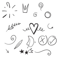 Hand drawn set elements cartoon black on white background