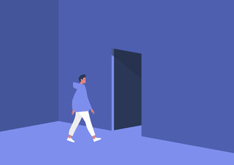 Young male character leaving the room, exit