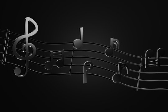 Black music notes and wave music lines in darkness background. 3D rendering Illustration. Concept of rock musical.