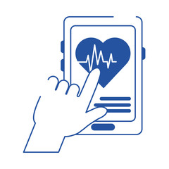 online doctor hand with smartphone heartbeat care blue line style icon