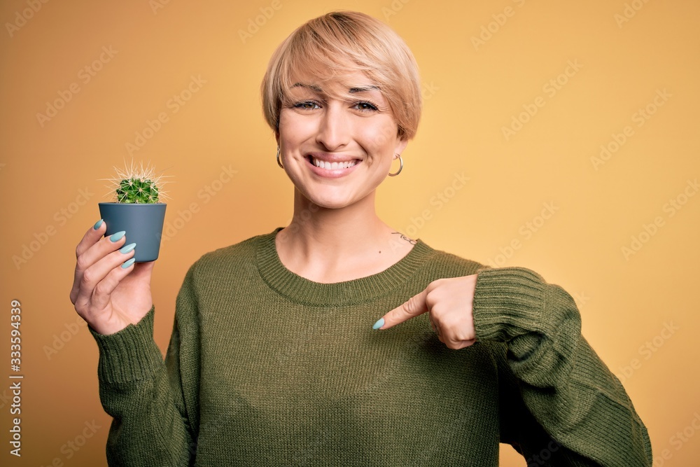 Poster young blonde woman with short hair holding succulent green cactus over yellow background with surpri