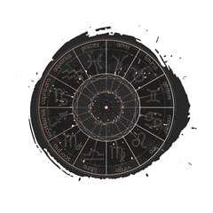 Vector illustration of Zodiac signs and Horoscope circle on a grunge ink background.