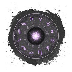 Illustration with Horoscope circle, Zodiac signs and pictograms astrology planets on a grunge background with Sun.