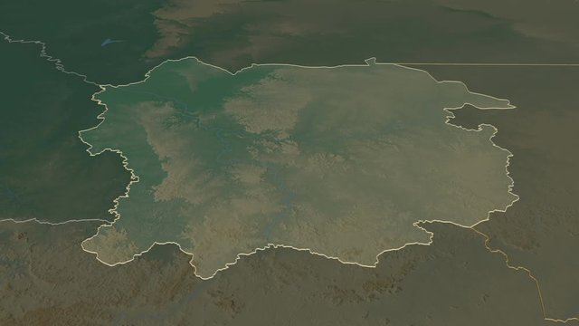 Kayes, region with its capital, zoomed and extruded on the relief map of Mali in the conformal Stereographic projection. Animation 3D