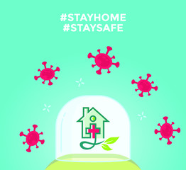 Green house inside the glass cube, take cover from viruses. and poster for stay home design vector