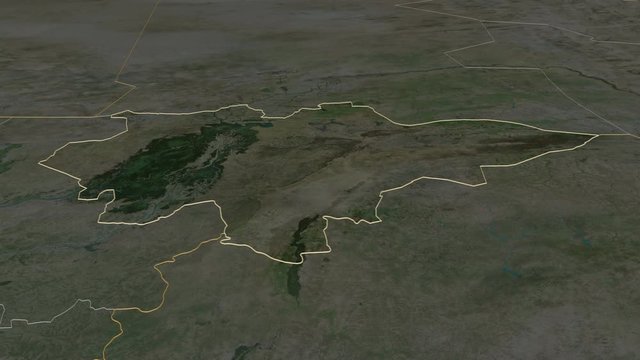Mopti, region with its capital, zoomed and extruded on the satellite map of Mali in the conformal Stereographic projection. Animation 3D