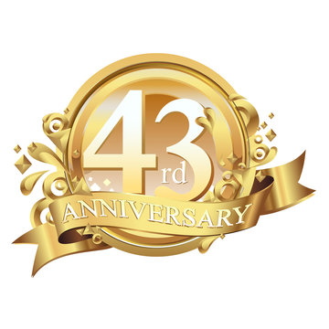 43 years golden anniversary logo celebration with ring and ribbon.