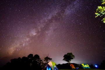 milky in night sky overt tent camping on top mountain