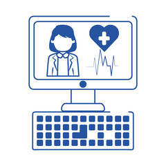online doctor computer device support medical care blue line style icon