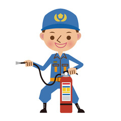 消火器の使い方を教える消防士消防士