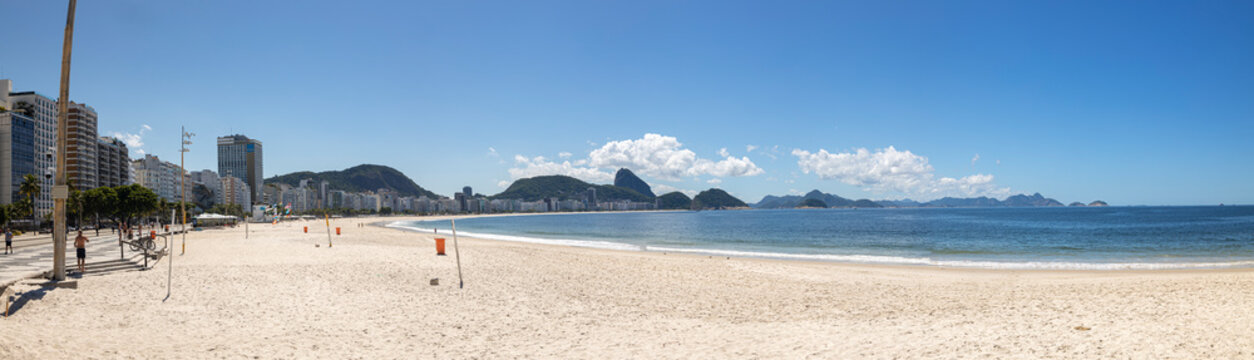 Wide panorama of near empty Copacabana beach and boulevard with the Sugarloaf mountain in the background during the COVID-19 Corona virus outbreak in Rio de Janeiro, Brazil