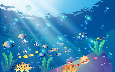 Fototapeta na wymiar jellyfish and colorful fish in the ocean
