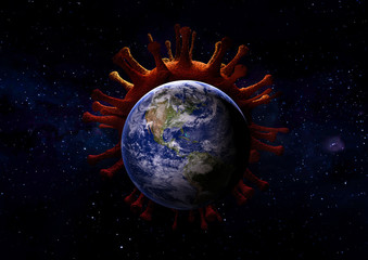 A 3D image of corona virus behide the world