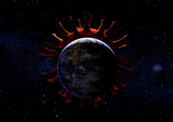A 3D image of corona virus behide the world