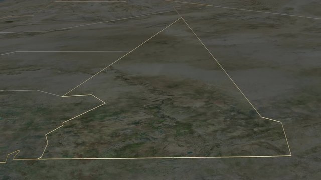 Hodh ech Chargui, region with its capital, zoomed and extruded on the satellite map of Mauritania in the conformal Stereographic projection. Animation 3D