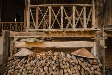 A pile of wood that was cut into logs to make fuel. In the countryside near Chiang Tung, Myanmar