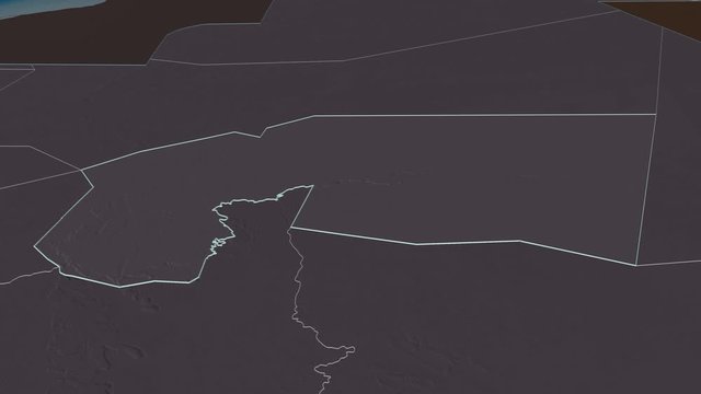 Tagant, region with its capital, zoomed and extruded on the administrative map of Mauritania in the conformal Stereographic projection. Animation 3D