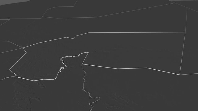 Tagant, region with its capital, zoomed and extruded on the bilevel map of Mauritania in the conformal Stereographic projection. Animation 3D