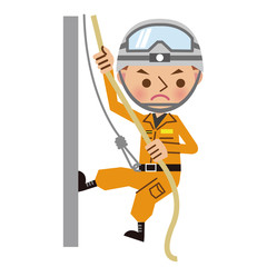 ロープを使って壁を降りるレスキュー隊員