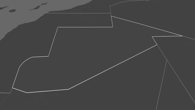 Tiris Zemmour, region with its capital, zoomed and extruded on the bilevel map of Mauritania in the conformal Stereographic projection. Animation 3D