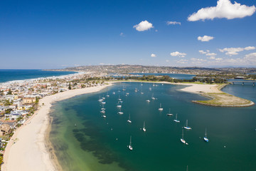 Aerial drone photo of a completely empty Mission Beach due to the Coronavirus and Covid 19 Pandemic. San Diego, Ca, USA.