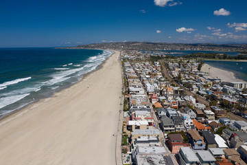 Aerial drone photo of a completely empty Mission Beach due to the Coronavirus and Covid 19 Pandemic. San Diego, Ca, USA.