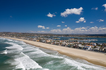 Aerial drone photo of a completely empty Pacific Beach due to the Coronavirus and Covid 19 Pandemic. San Diego, Ca, USA.