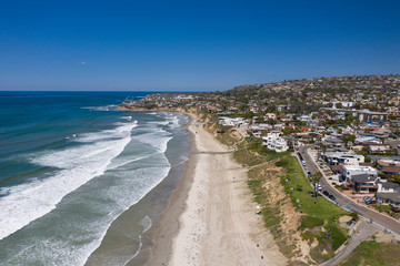 Aerial drone photo of a completely empty Pacific Beach due to the Coronavirus and Covid 19 Pandemic. San Diego, Ca, USA.