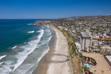 Aerial drone photo of a completely empty Pacific Beach due to the Coronavirus and Covid 19 Pandemic. San Diego, Ca, USA.