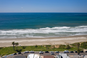 Aerial drone photo of a completely empty Pacific Beach due to the Coronavirus and Covid 19 Pandemic. San Diego, Ca, USA.