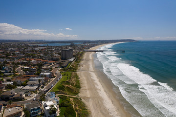 Aerial drone photo of a completely empty Pacific Beach due to the Coronavirus and Covid 19 Pandemic. San Diego, Ca, USA.