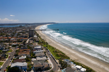 Aerial drone photo of a completely empty Pacific Beach due to the Coronavirus and Covid 19 Pandemic. San Diego, Ca, USA.