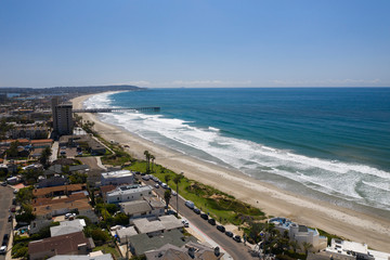 Aerial drone photo of a completely empty Pacific Beach due to the Coronavirus and Covid 19 Pandemic. San Diego, Ca, USA.