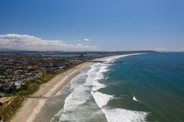 Aerial drone photo of a completely empty Pacific Beach due to the Coronavirus and Covid 19 Pandemic. San Diego, Ca, USA.