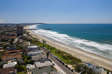 Aerial drone photo of a completely empty Pacific Beach due to the Coronavirus and Covid 19 Pandemic. San Diego, Ca, USA.