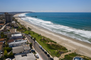 Aerial drone photo of a completely empty Pacific Beach due to the Coronavirus and Covid 19 Pandemic. San Diego, Ca, USA.