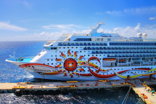 COSTA MAYA, MEXICO-FEBRUARY 9: Norwegian Sun cruise ship docked on February 9, 2020 at Mahahual village, Costa Maya, Mexico. Mahahual is now a rapidly developing tourist center
