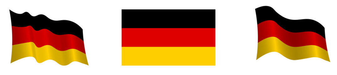 Flag of the Federal Republic of Germany in a static position and in motion, developing in the wind, on a white background