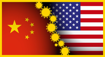 US America VS China Flag Vector Illustration Separated With Corona Covid 19 Virus Background Poster Concept Design